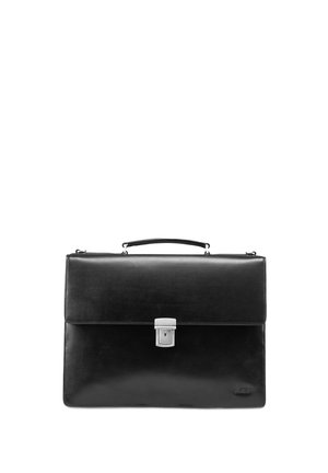 Black leather briefcase with a smooth texture, silver hardware clasp, top handle, and minimalistic design. Suitable for professional use.