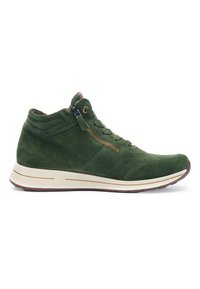 Green suede high-top sneaker with white sole, lace-up front, and side zipper, shown in profile on a white background.