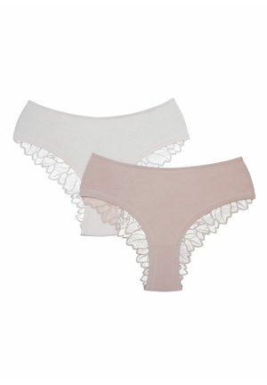 Two women's lace-trimmed hipster panties, one beige and one light gray, laid flat on a white background.