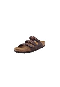 Sandali in pelle marrone con tre fibbie regolabili, soletta in sughero e suola in gomma testurizzata, progettati per comfort e sostegno.