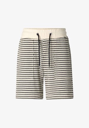 Szorty dzianinowe z elastycznym białym pasem, czarnym sznurkiem ściągającym i czarnym geometrycznym wzorem kropek na białym materiale, z przednimi naszywanymi kieszeniami.