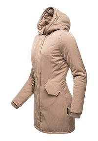Beige long jacket with a hood, featuring a zipper front, two side pockets, ribbed cuffs, and smooth, textured fabric.