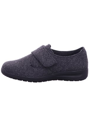 Dark gray felt shoe with a hook-and-loop strap and black rubber sole, designed for comfort and easy fastening.
