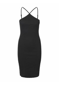 Robe noire sans manches à la coupe ajustée, dotée de fines bretelles entrecroisées et d'une texture lisse. Longueur genou avec une fente discrète sur le côté.