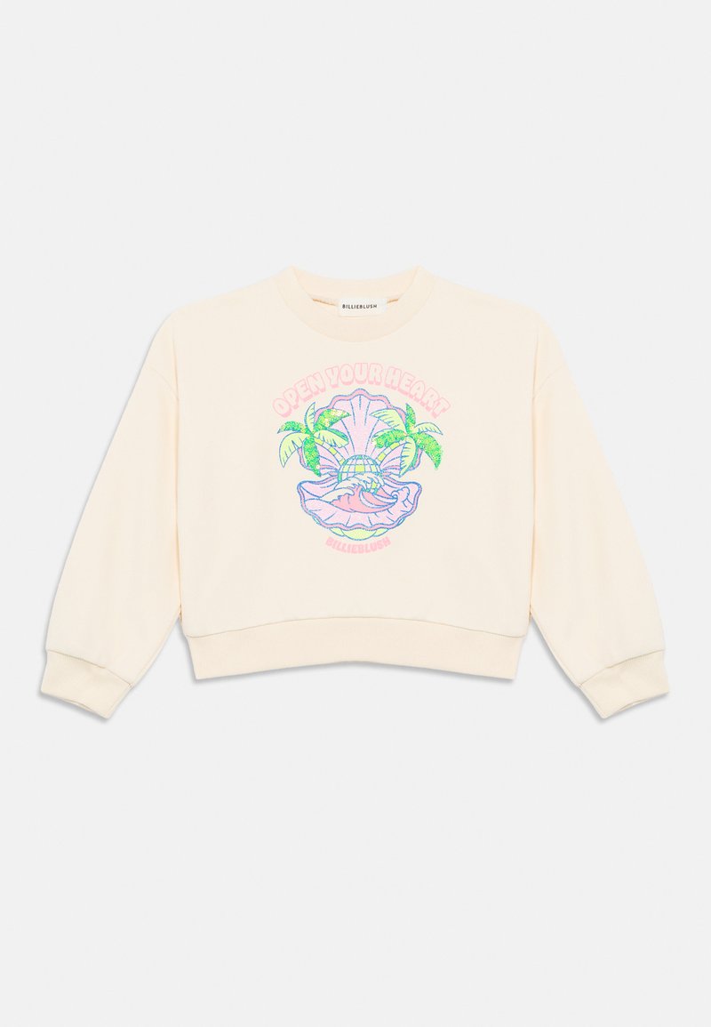 Ρουζ cropped φούτερ με ριμπ μανσέτες, με έγχρωμο γραφικό από φοίνικες και υδρόγειο, το κείμενο γράφει "ΑΝΟΙΞΕ ΤΗΝ ΚΑΡΔΙΑ ΣΟΥ."