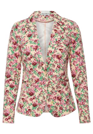 Floral-Blazer aus hellgelbem Stoff, mit rosa und grünen Blumenmustern, Reverskragen, zwei Fronttaschen und einer einzelnen Knopf-Verschluss.