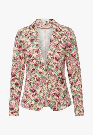Bloemige blazer van lichtgele stof, met roze en groene bloemenpatronen, met notch-lapels, twee voorzakken en een enkele knopen sluiting.