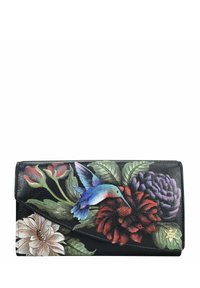 Zwarte leren portemonnee met levendige bloemen- en kolibridesigns, een gestructureerde afwerking en gouden accenten. Meet ongeveer 19 centimeter.