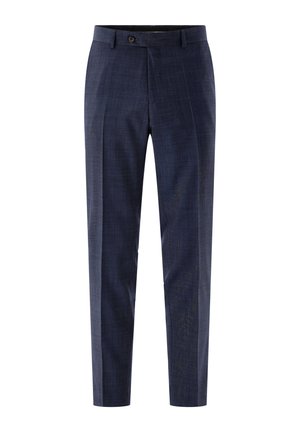 Navy blue tailored men’s formal trousers with front crease, button and zip closure, and side pockets, displayed on white background.