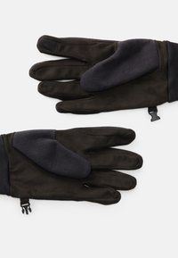 Luvas pretas com uma textura suave, apresentando um polegar e pontas dos dedos em cinza mais escuro. Inclui uma alça para o pulso e um punho justo para aquecer.