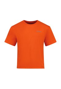 T-shirt in cotone arancione con collo a giro e maniche corte. Presenta un piccolo logo "Rossignol" blu chiaro sul lato sinistro del petto.