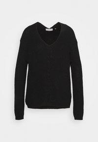 Schwarzer gestrickter Pullover mit V-Ausschnitt, langen Ärmeln und strukturiertem Muster. Verfügt über eine lockere Passform sowie gerippte Bündchen und Saum.