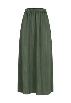 Maxi skirt in dark green, made from textured fabric with a pleated design and an elastic waistband for adjustable fit.