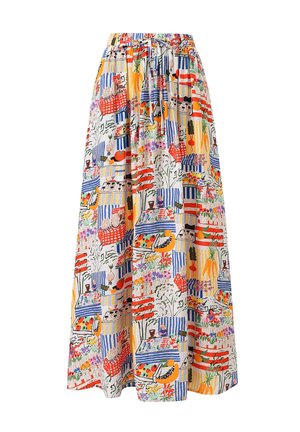 Jupe maxi en tissu léger, ornée d'un motif coloré de fleurs et de marché, avec une taille élastique et un cordon de serrage.
