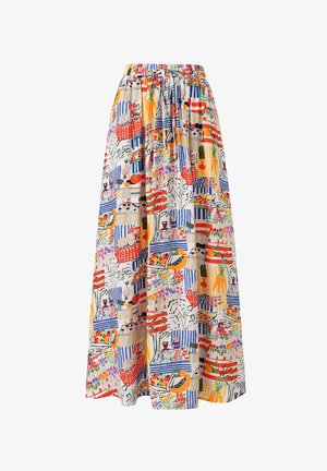Jupe maxi en tissu léger, ornée d'un motif coloré de fleurs et de marché, avec une taille élastique et un cordon de serrage.