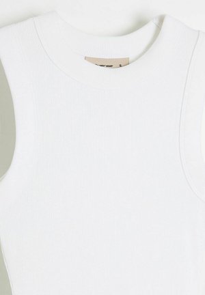 Biały prążkowany bezrękawnik z okrągłym dekoltem i wewnętrzną beżową metką w rozmiarze „S”.