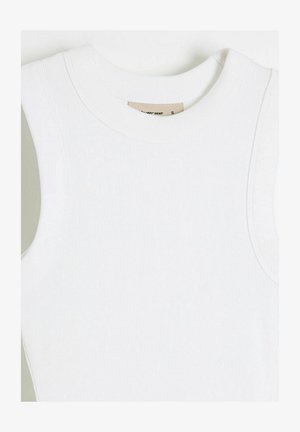 Biały prążkowany bezrękawnik z okrągłym dekoltem i wewnętrzną beżową metką w rozmiarze „S”.