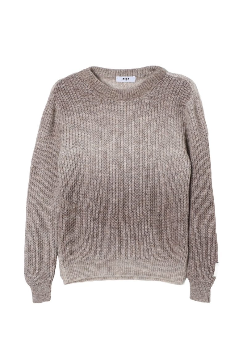 Maglione di colore beige a maglia con un motivo a costine testurizzate, scollatura rotonda e maniche lunghe. Leggera sfumatura dal beige chiaro al beige scuro.
