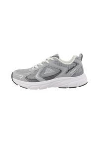 Gray athletic shoe with mesh upper. Features white midsole, black outsole, and grey accents. Rounded toe and lace-up design.