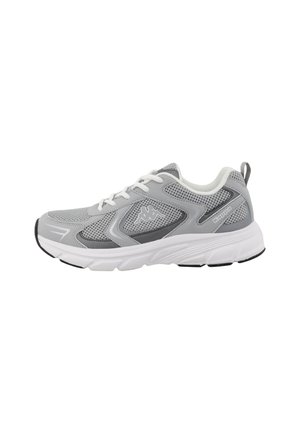 Szare buty sportowe z siateczkowym wierzchem. Posiadają białą podeszwę środkową, czarną podeszwę zewnętrzną i szare akcenty. Okrągły nos i sznurowany design.