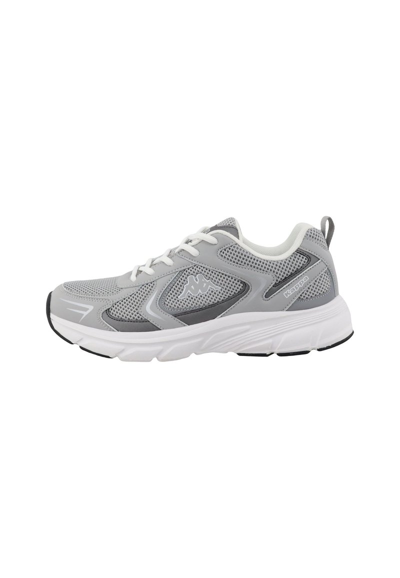 Gray athletic shoe with mesh upper. Features white midsole, black outsole, and grey accents. Rounded toe and lace-up design.