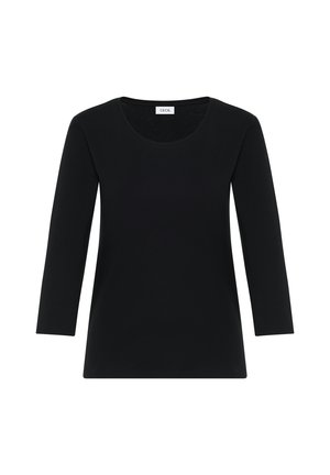 Černé tričko s dlouhým rukávem z měkké elastické tkaniny, s kulatým výstřihem a rovný střih. Viditelná etiketa na krku, minimalistický design.
