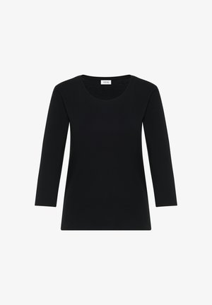 Camiseta de manga larga negra en una suave tela elástica con un escote redondo y corte recto. Etiqueta visible en el cuello, diseño minimalista.