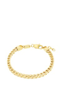 Bracciale in catena oro con anelli intrecciati, chiusura a moschettone e un piccolo tag inciso. Texture liscia e lucida.