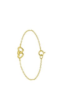 Gouden armband met drie onderling verbonden hartvormen in het midden, een gestructureerde ketting en een veilige sluiting.