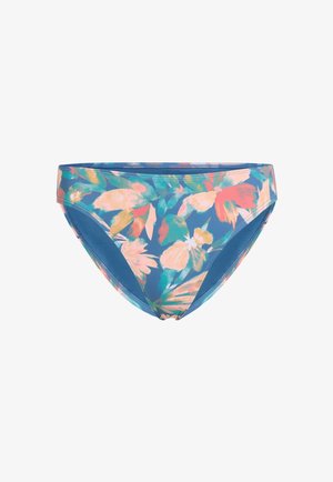 Floral bikini bottom in shades of blue with colorful tropical patterns. Features a low-rise cut and seamless edges for comfort.