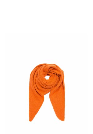Bright orange wool scarf folded and looped, displayed on white background.
