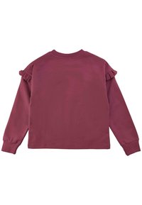 Maronenfarbenes Langarm-Sweatshirt mit Rüschendetails an den Schultern und gerippten Bündchen. Weiche, glatte Textur und runder Ausschnitt.