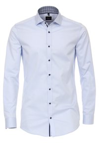 Lichtblauw overhemd met lange mouwen en een patroon in de donkerblauwe binnenkraag. Voorzien van zwarte knopen en een gladde stofstructuur.