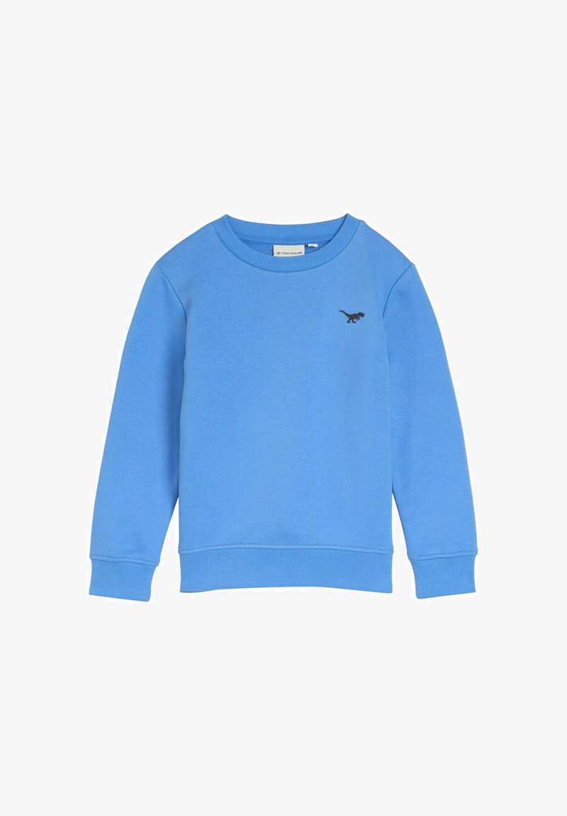 Blauwe long sleeve crewneck sweatshirt met klein zwart dinosaurussymbool op de linkerkant van de borst, geribde manchetten en zoom.