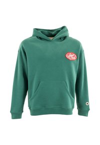 Sudadera verde de material de sudadera, con un bolsillo delantero, capucha con cordón y un logo bordado en rojo en el lado izquierdo del pecho.