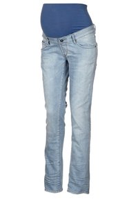 Los pantalones de maternidad en denim azul claro cuentan con una cintura elástica, un diseño ajustado y cinco bolsillos con un sutil detalle de costura.