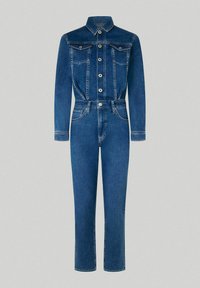 Denim overall s dlouhými rukávy, zapínání na knoflíky vpředu, dvě náprsní kapsy, úzký pas a rovné nohavice ve středně modré praní.
