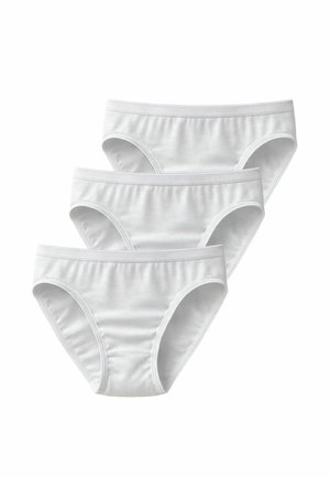 Three plain white cotton briefs stacked with elastic waistbands and leg openings on a white background.