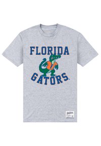 Šedé bavlněné tričko s textem "FLORIDA GATORS" v oranžové a modré barvě, s grafikou aligátora, krátkými rukávy a kulatým výstřihem.