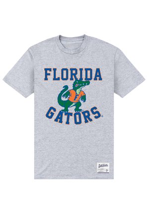 Graue Baumwoll-T-Shirt mit dem Schriftzug "FLORIDA GATORS" in Orange und Blau, einem Krokodil-Graphic, kurzen Ärmeln und einem Rundhalsausschnitt.