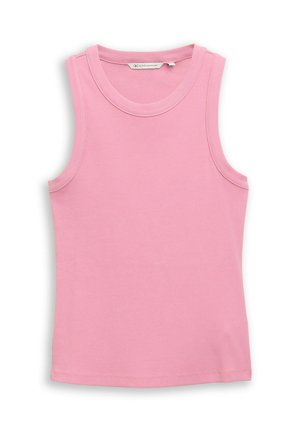 Różowy bezrękawnik prążkowany z okrągłym dekoltem, dopasowany, z metką Denim wewnątrz kołnierza.