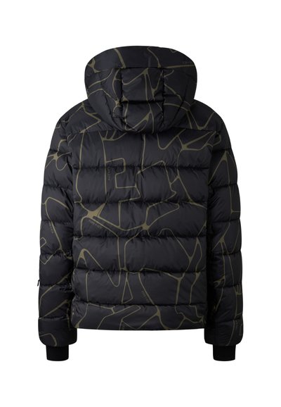 Schwarze Pufferjacke mit einem abstrakten, lichtgoldenen Muster. Verfügt über eine Kapuze, ein gestepptes Design und elastische Bündchen. Wasserdichtes Material.