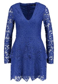 Robe en dentelle bleue avec col en V, manches longues, motif floral, détail peplum et ourlet festonné. Confectionnée en dentelle délicate.