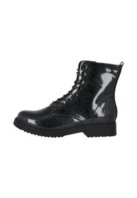 Botines de tobillo negros con brillo y acabado brillante, diseño con cordones, punta redonda y suela de goma resistente. Presenta ojales metálicos y tirador trasero.