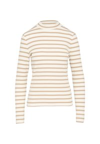 Langärmliges Rippoberteil in Creme- und hellbraunen Streifen, mit Rundhalsausschnitt und taillierter Silhouette.