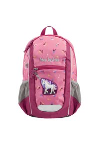 Rosa Stoff-Rucksack mit Sternmustern, ausgestattet mit einem Einhorn-Patch, einer vorderen Reißverschlusstasche und Netzseitentaschen. Gepolsterte, verstellbare Träger.