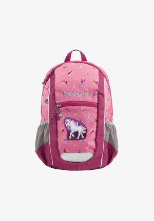 Rosa Stoff-Rucksack mit Sternmustern, ausgestattet mit einem Einhorn-Patch, einer vorderen Reißverschlusstasche und Netzseitentaschen. Gepolsterte, verstellbare Träger.