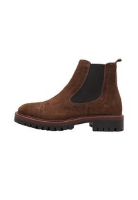 Braune Wildleder Chelsea-Stiefel mit einem schwarzen elastischen Seitenpanel, strukturiertem Finish und robustem Gummisohle mit Traktionsrillen.
