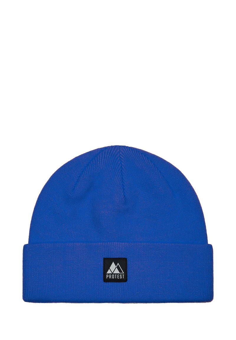 Mėlynas megztas kepuraitė su sulenkta apačia, su mažu juodu etiketu su baltu kalno logotipu ir tekstu. Lygus paviršius, elastinga medžiaga.