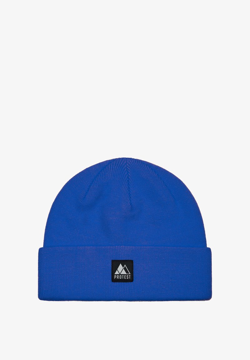 Mėlynas megztas kepuraitė su sulenkta apačia, su mažu juodu etiketu su baltu kalno logotipu ir tekstu. Lygus paviršius, elastinga medžiaga.